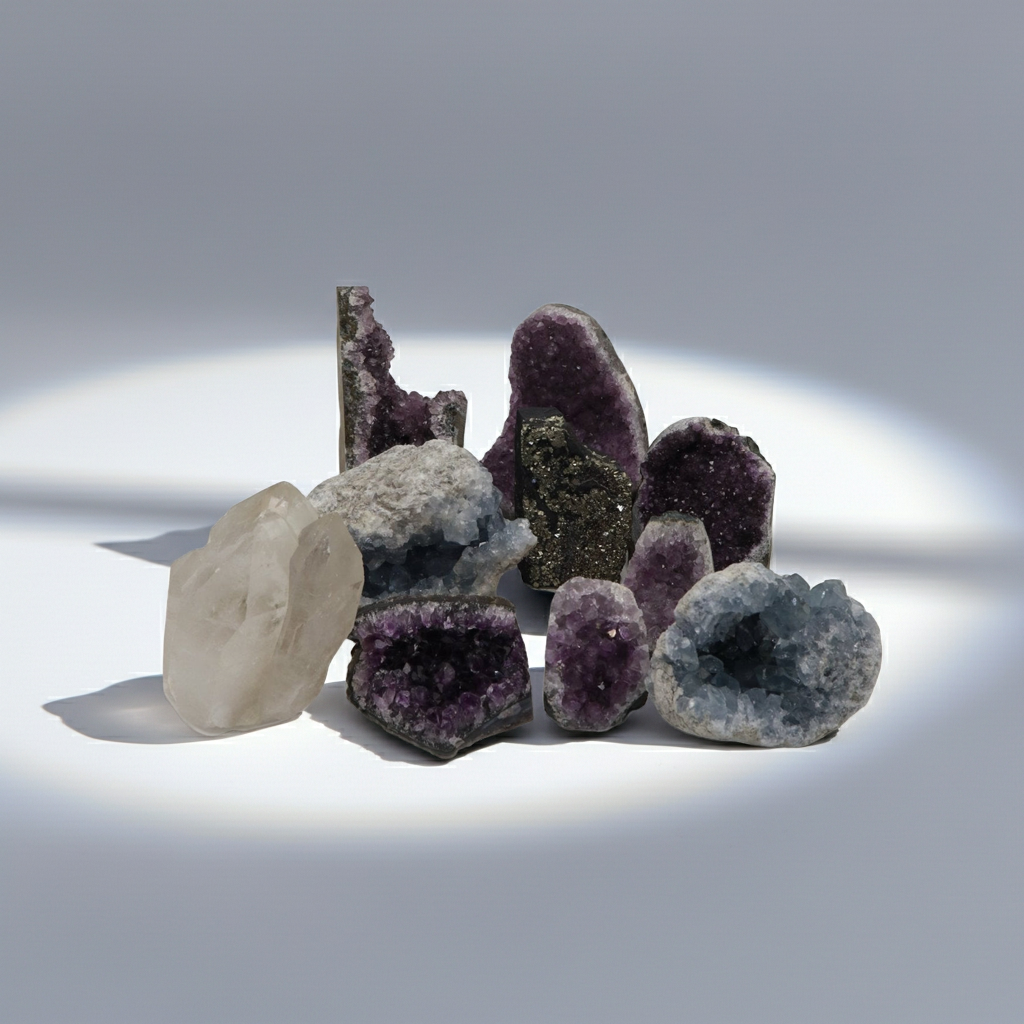 Blaue Coelestine Dunkel Violette Amethyst Stufen und Bergkristalle Stufen